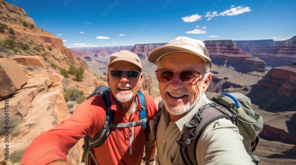 Two cheerful senior gentlemen, during their trip to scenic mountainous locations, relishing life's adventures. Generative ai.