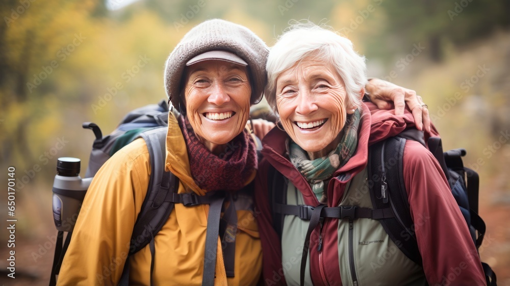 Two joyful senior ladies, savoring their tourist journey while enjoying the majestic canyon vistas. Generative ai Two joyful senior ladies, savoring their tourist journey while enjoying the majestic canyon vistas. Generative ai