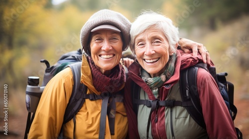 Two joyful senior ladies, savoring their tourist journey while enjoying the majestic canyon vistas. Generative ai