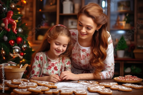 Merry Christmas and happy holidays. Mother and daughter are preparing Christmas cookies.