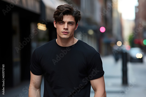 Male model in a classic black cotton T-shirt on a city street