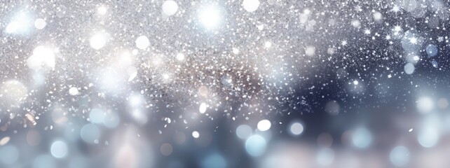 Decorative abstract silver glitters with blurred bokeh effect background. Christmas and New Year decoration banner