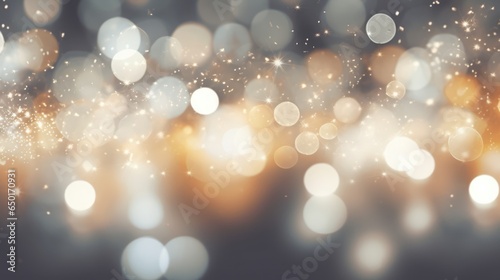 Decorative abstract silver and golden glitters with blurred bokeh effect background. Christmas and New Year decoration banner
