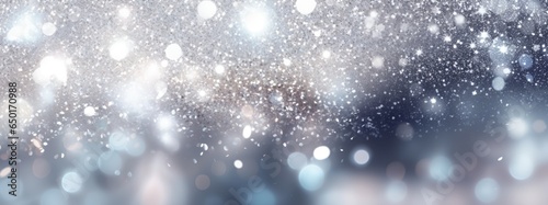 Decorative abstract silver glitters with blurred bokeh effect background. Christmas and New Year decoration banner