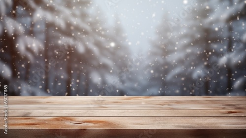 Mock up with empty wooden desk on blurred winter snowy background. Christmas and New Year mood. Background for product presentation or showcase