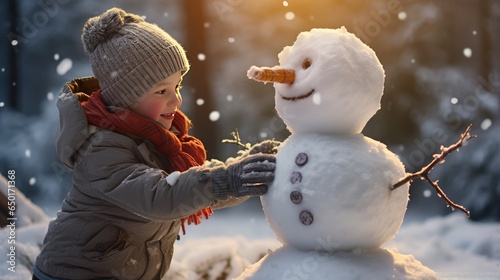 Child building snowman in winter. Happy kid plays outdoors with snow. Christmas and New Year mood © eireenz