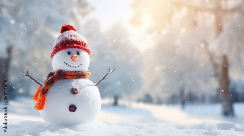 Background with snowman standing in snow on blurred winter snowy background. Christmas and New Year mood