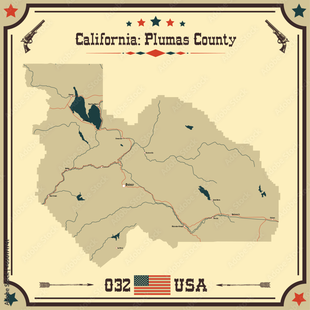 Large and accurate map of Plumas County, California, USA with vintage colors.