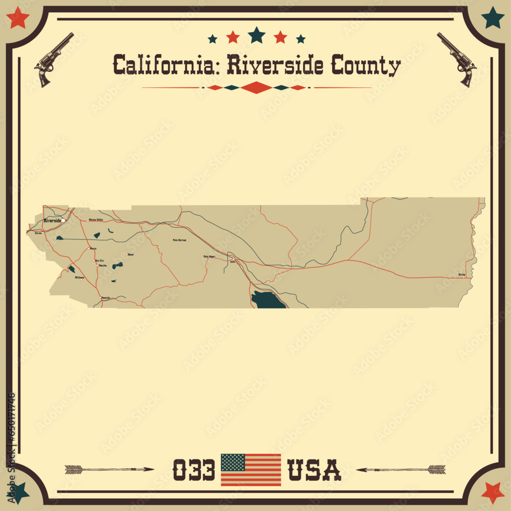 Large and accurate map of Riverside County, California, USA with vintage colors.