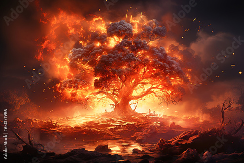 A huge old tree is burning, damaged by wildfires.