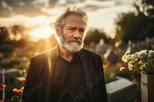 A senior Caucasian man, alone outdoors at a cemetery, sits in front of a grave, deep in thought. photo