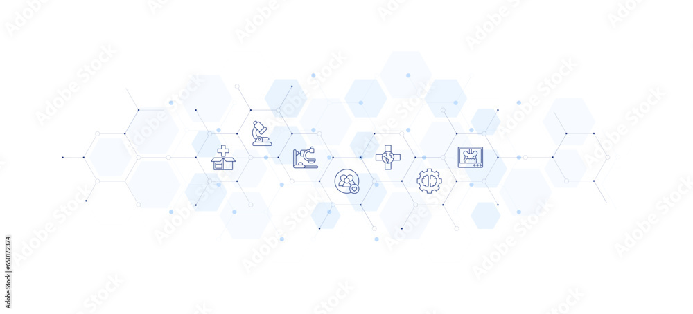 Healthcare banner vector illustration. Style of icon between. Containing family, medical, test, think, x rays.