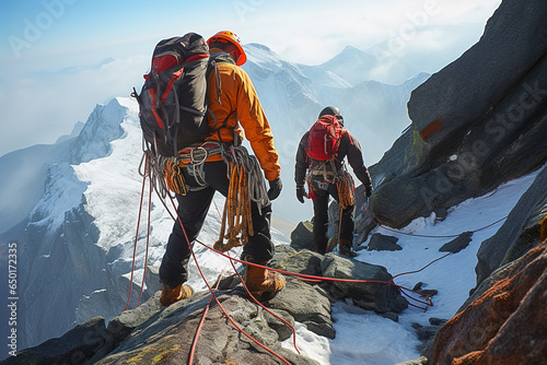 Mountain climbers with equipment go into the mountains.