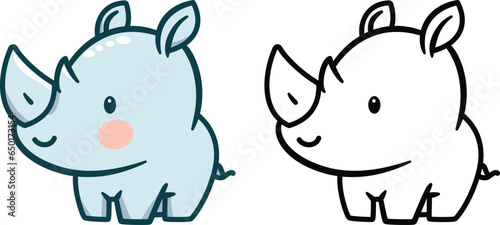 Cute doodle Rhinoceros in doodle style vector illustration, rhino doodle style cartoon colored and black and white stock vector image