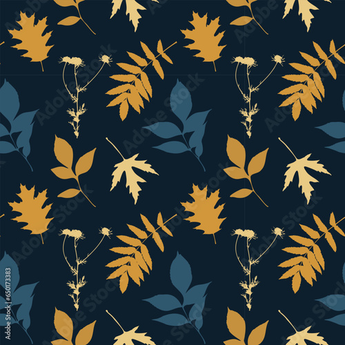 Dark pattern with stamp yellow gold leaves.