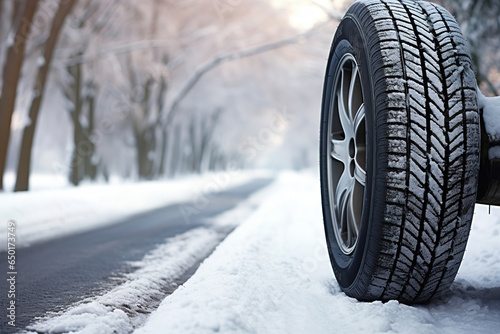 Winter tire. Detail of car tires in winter on the road covered with snow © arhendrix