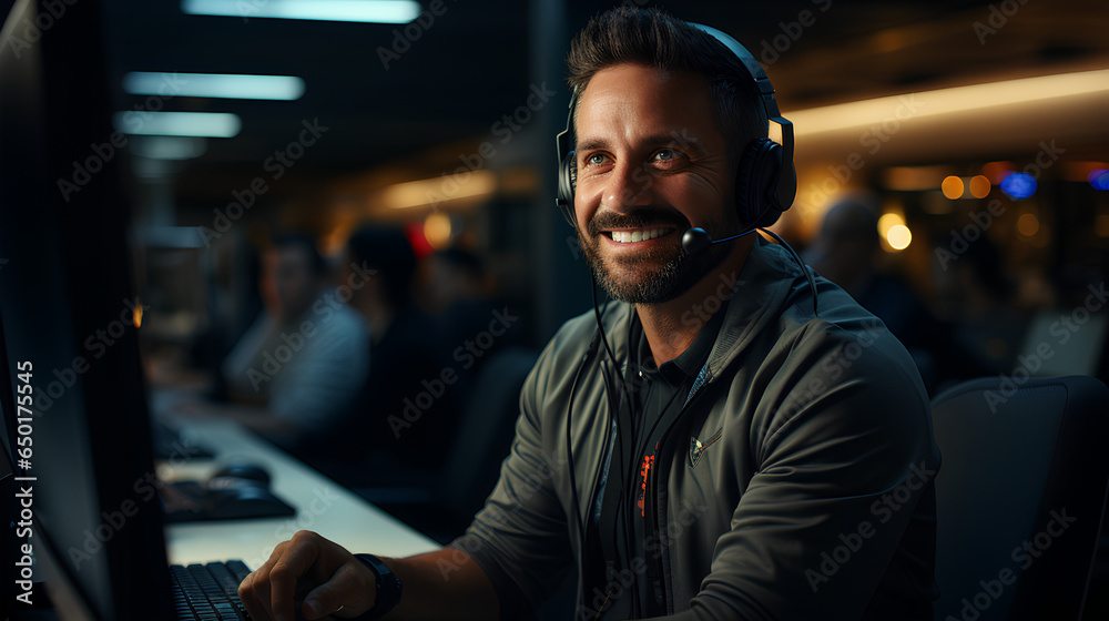 Portrait of a young man in headphones working in a call center. Portrait of a young man in headphones working in a call center.
