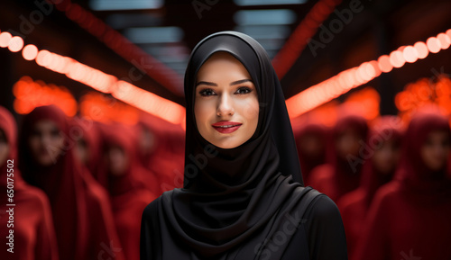 Portrait of muslim women standing in middle of group. Religion concept.Portrait of muslim women standing in middle of group. Religion concept.