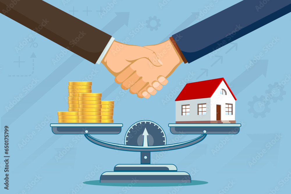 Scales with money and house on the cups. Real estate deal. Handshake