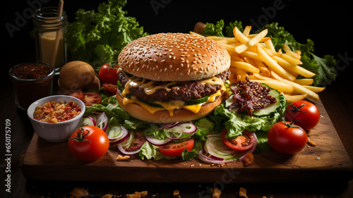 Incredible hamburger with bread and sesame  meat  salad  tomatoes  onion and sauces  accompanied by french fries