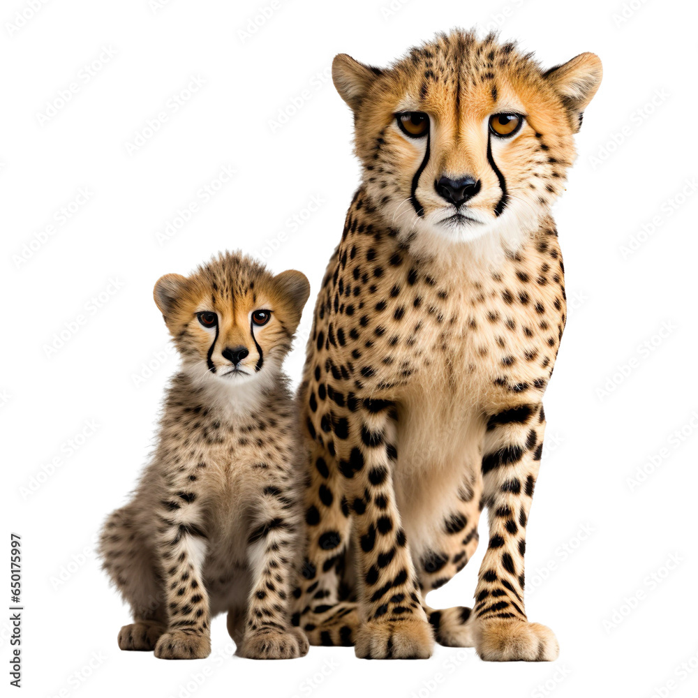 Obraz premium front view of cheetah animal with baby isolated on a white transparent background.