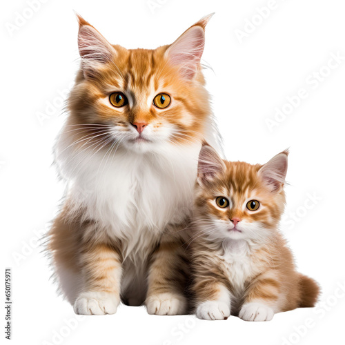 front view of cat animal with baby isolated on a white transparent background.