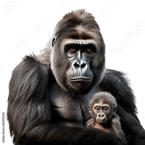 front view of gorilla animal with baby isolated on a white transparent background. © SuperPixel Inc