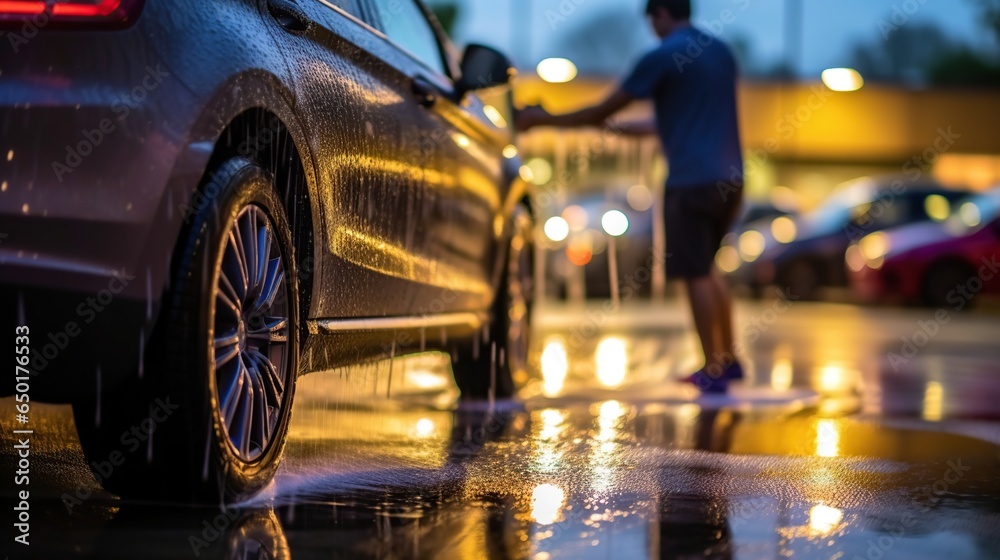 Someone washes a car with a sponge and detergent - obrazy, fototapety, plakaty 