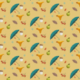 Seamless pattern with blue umbrellas, yellow chanterelles, brown leaves, flowers, red rowans, boletus mushrooms on yellow background for wallpapers, packaging, fabrics, wrapping, webs