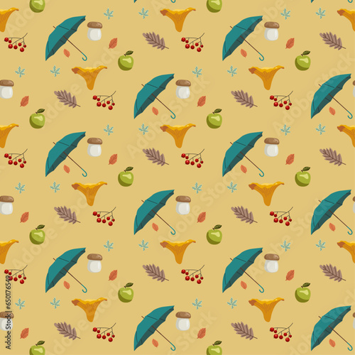 Seamless pattern with blue umbrellas, yellow chanterelles, brown leaves, flowers, red rowans, boletus mushrooms on yellow background for wallpapers, packaging, fabrics, wrapping, webs