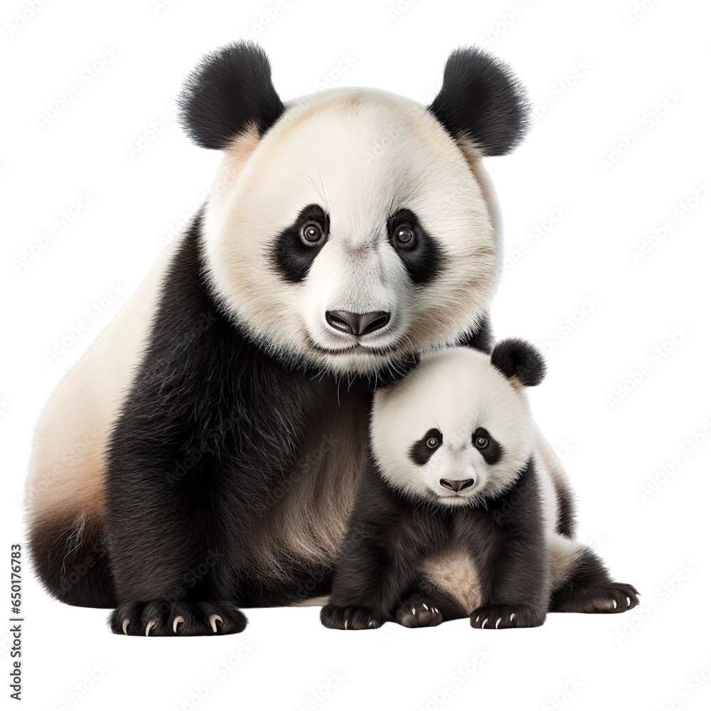 front view of panda animal with baby isolated on a white transparent background. front view of panda animal with baby isolated on a white transparent background.