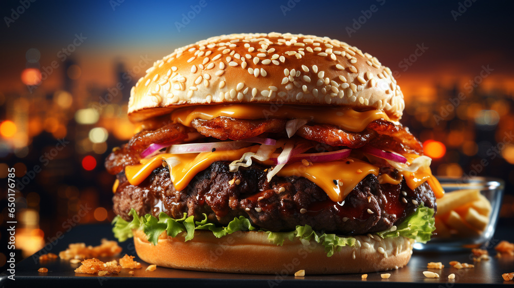 Incredible hamburger with bread and sesame, meat, salad, tomatoes, onion and sauces, accompanied by french fries - obrazy, fototapety, plakaty 