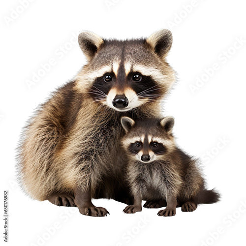 front view of Racoon animal with baby isolated on a white transparent background.