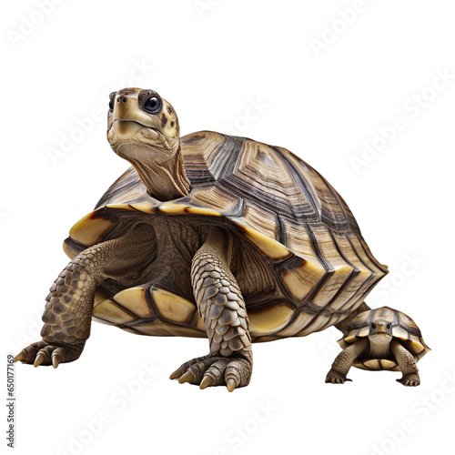 front view of turtle animal with baby isolated on a white transparent background.