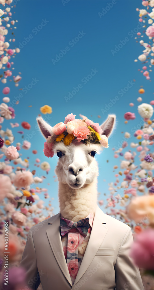Creative animal concept. Llama in smart suit, surrounded in a surreal garden full of blossom flowers floral landscape. advertisement commercial editorial banner card.	

