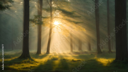 A forest with sun and light rays