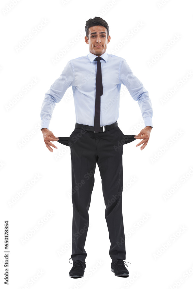Man, portrait and empty pockets as poor with debt or financial stress isolated on transparent png background. Unemployed male, sad and economy or bankruptcy in .fear of stock market crash or failure Man, portrait and empty pockets as poor with debt or financial stress isolated on transparent png background. Unemployed male, sad and economy or bankruptcy in .fear of stock market crash or failure