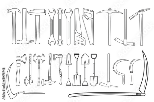 Spanner Vector Bundle, Spanner silhouette Bundle, Hammer Bundle,  Axe, Pick Axe, Saw illustration Bundle, Shovel, sickle Mechanic Tools, Worker elements, Labor equipment, Spanner line art, Repair tool
