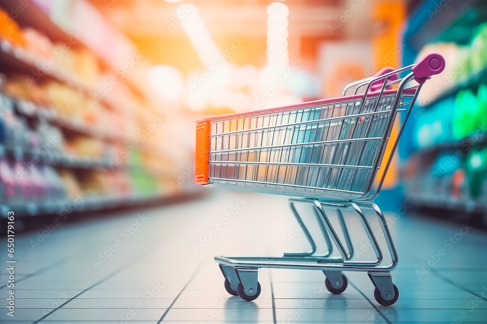 Abstract blurred photo of store with trolley in the front.