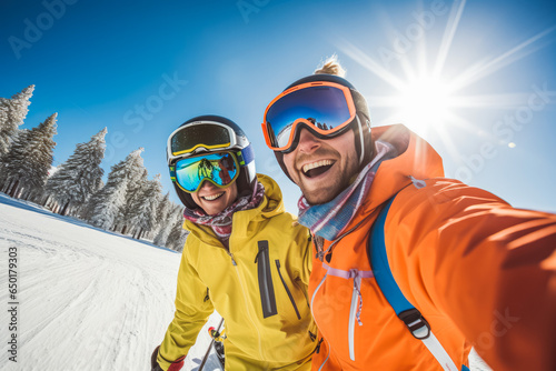 Couple on ski slope skiing on sunny day in the alps.