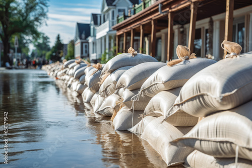 Flood protection. Sandbags with flooded houses in the background.