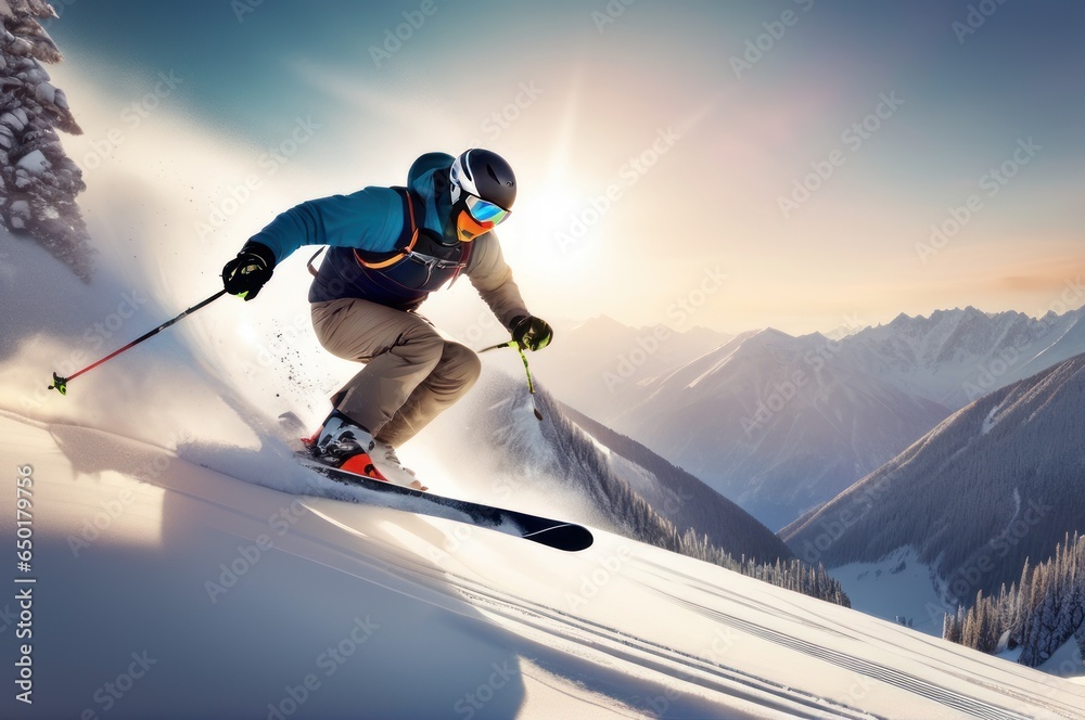 Skier jumping in the snow mountains on the slope with his ski and professional equipment on a sunny day. Ski rider jumping on mountains. Extreme freeride sport.