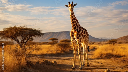 A serene scene of the African savanna featuring a full-grown giraffe in its natural habitat. © DenisNata