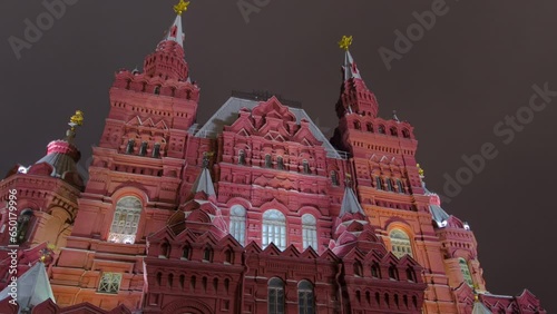 The State Historical Museum of Russia at Night: Located Between Red Square and Manege Square in Moscow. Established in 1872. Timelapse Hyperlapse