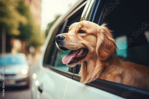 cute happy dog sit in a car look outside window