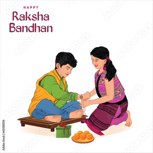 Raksha Bandhan, Sister is tying Rakhi on her brother's wrist, Rakhi celebration in India, Cute little sister and brother with beautiful background, Rakhi Festival colorful BG and Character, Bhai Dooj.
