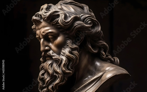 Statue of a man with long beard on dark background, Generative AI