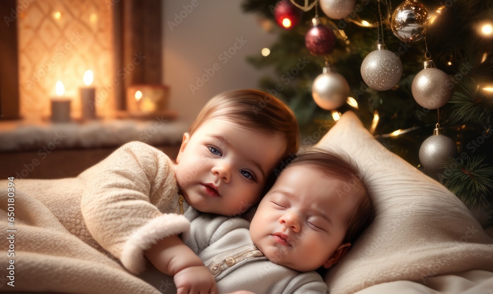 Magical morning. Christmas eve concept. Cozy room. Small children relaxing in bedroom. Toddlers on bed light interior with christmas decorations. Kids lay in bed relaxing. Sweet home. Magical morning. Christmas eve concept. Cozy room. Small children relaxing in bedroom. Toddlers on bed light interior with christmas decorations. Kids lay in bed relaxing. Sweet home.