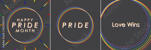 Set of colorful aesthetic pride greeting cards. Abstract and geometrical. Collection of pride-themed illustration for cards, greetings, frames, design element. Vector Illustration. LGBTQ. Love Wins
