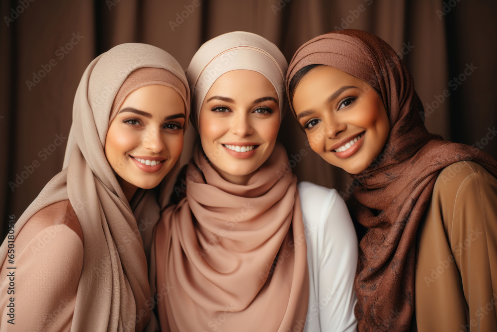 Three empowered muslim women posing. Wearing hijab and smiling. Religion concept.Three empowered muslim women posing. Wearing hijab and smiling. Religion concept.